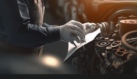 Auto mechanic working on car engine in auto repair shop. Car service and maintenance concept.の素材