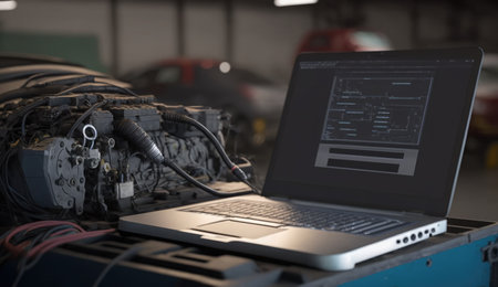 Repair of a car engine with a laptop in a repair shopの素材