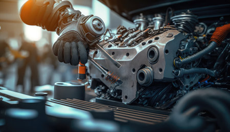 Mechanic repairing car engine. Auto service industry. Automotive backgroundの素材