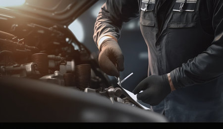 Auto mechanic repairing a car in auto repair shop. Car service concept.の素材