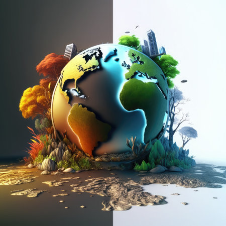 Ecology concept with planet earth and trees in the background - 3d renderの素材