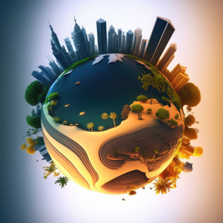 3d render of planet earth with cityscape on the background.の素材