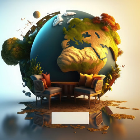 3D render of a table with chairs and an armchair around the globeの素材