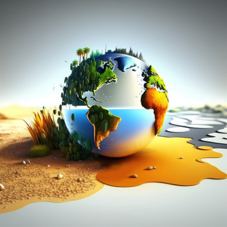 3d render of planet earth in the sand with grass and waterの素材