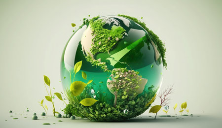 Ecology concept with green earth globe and leaves. 3D renderingの素材