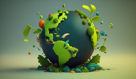Earth planet with green plants and berries, 3d render illustration.の素材