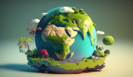Earth planet with vegetation and trees 3D illustration.の素材