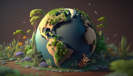 3d illustration of planet earth surrounded by green grass and flowers.の素材
