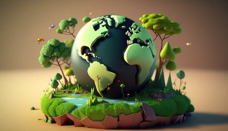 Ecology concept with planet earth and trees. 3d render illustrationの素材
