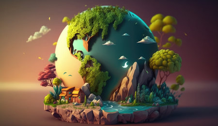 Green planet with trees and houses on the island. 3d renderの素材