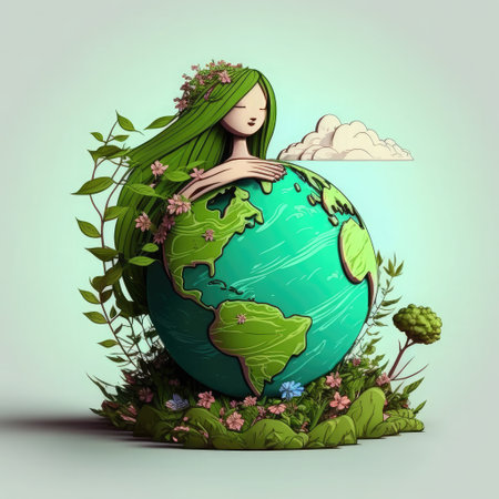 Illustration of a young girl holding a planet earth surrounded by flowersの素材