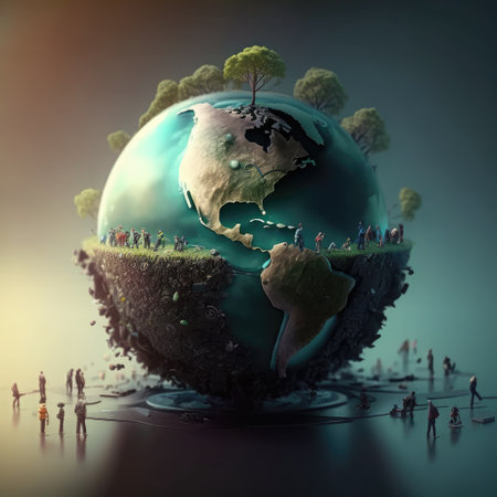 Conceptual image of Earth planet with people around it. 3D renderingの素材