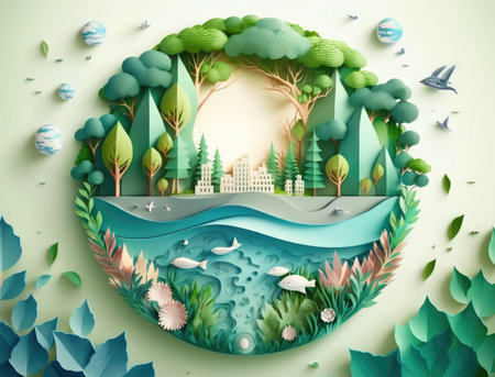 Paper art style. Origami landscape with city, river, trees and island. Vector illustration.の素材