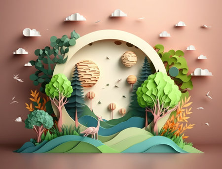 Paper cut style nature landscape background. 3d render illustration design.の素材