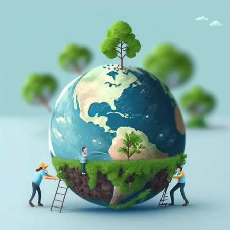 Miniature people on earth globe with trees. Environment conservation concept.の素材