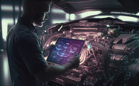 Automobile mechanic using tablet pc in engine room. Automotive industry conceptの素材
