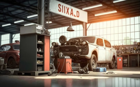 Car service station. Auto repair service. Auto mechanic working in auto repair shop.の素材