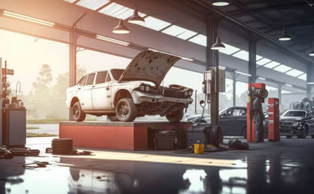 Car in repair shop. Auto service concept. 3D Renderingの素材