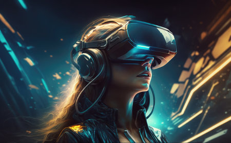 Young woman wearing virtual reality goggles. 3d rendering toned image double exposureの素材