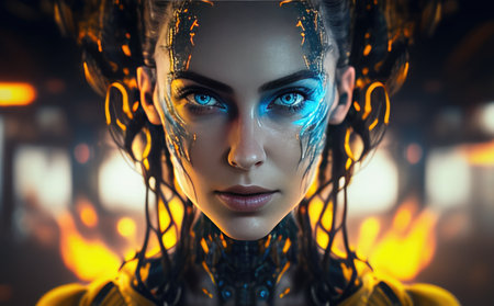 Close-up portrait of a beautiful woman with futuristic make-up.の素材