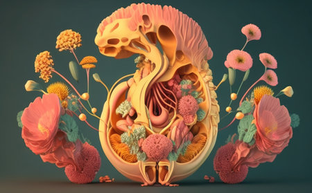 Human anatomy, 3D illustration. Human digestive system with flowers and plants.の素材