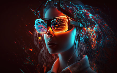 3d illustration of a woman wearing virtual reality glasses. 3d renderingの素材