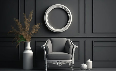 Classic armchair in classic interior with round mirror. 3d renderの素材