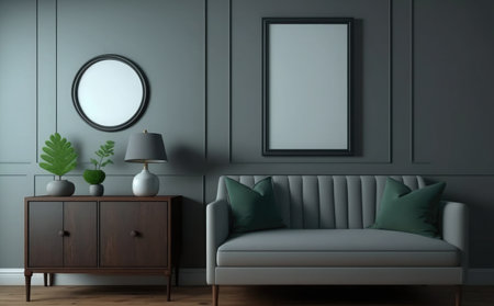 Interior of modern living room with grey walls, wooden floor, comfortable sofa, round mirror and coffee table. 3d renderの素材