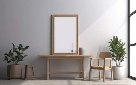 Interior of modern living room with empty picture frame on the wall, 3d renderの素材