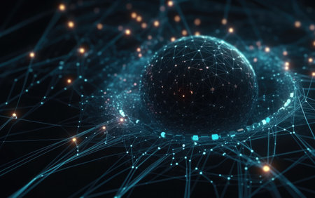 3D rendering of abstract technology concept with sphere and connection lines.の素材