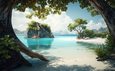 tropical island with green trees and turquoise water - 3d renderの素材