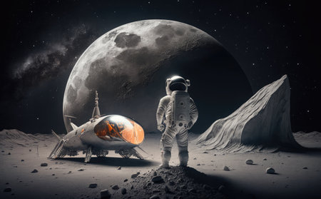 Astronaut and his spaceship in space. Mixed media. Mixed mediaの素材