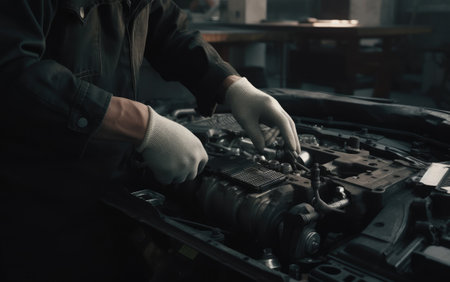 Auto mechanic working in auto repair shop. Close-up of male hands in white gloves repairing car engine in auto repair shop.の素材