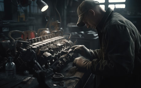 Engineer working in a factory. He is repairing a car engine.の素材