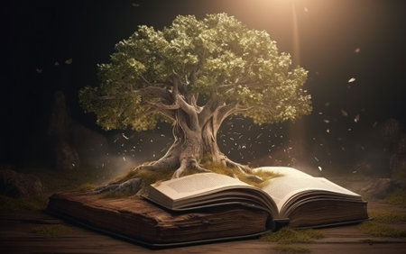 Old magic book with tree on dark background. Fairy tale concept.の素材