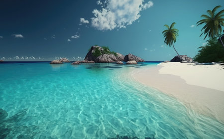 Beautiful island with palm trees and turquoise water. 3d renderの素材
