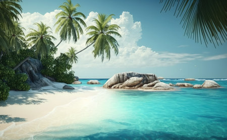 tropical beach with palm trees and granite rocks. 3d renderの素材