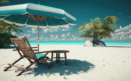 Beach chairs and umbrella on tropical beach. 3d render.の素材