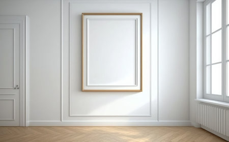3d rendering of a white room with a golden frame on the wallの素材