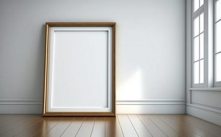 3d rendering of a blank picture frame on a white wall in a roomの素材