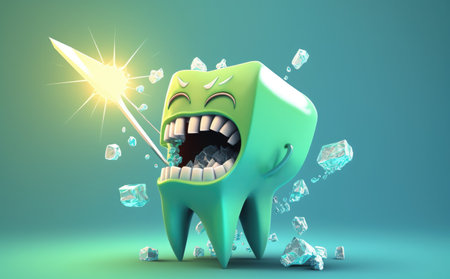 Tooth with a magic wand on a green background. 3d illustrationの素材