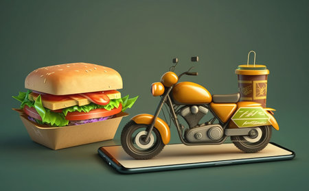 Fast food delivery service concept. Fast food delivery by motorcycle. 3d illustrationの素材