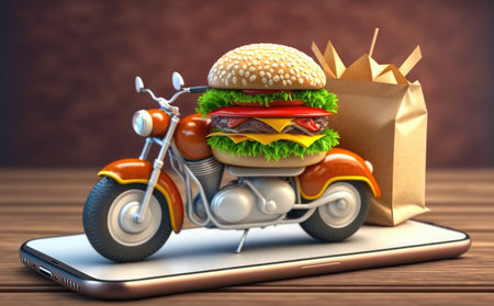 Hamburger on smartphone screen. Fast food concept. 3d illustrationの素材