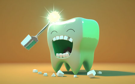 Tooth with toothbrush and broken tooth. 3D illustration.の素材