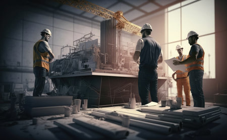 Double exposure of Engineer and Architect working on construction site with blueprints.の素材
