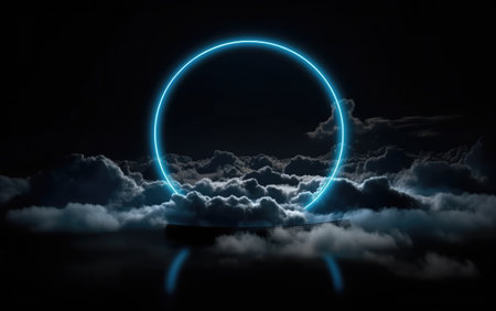 Glowing neon circle in the dark with smoke. 3D renderingの素材