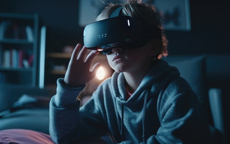 teenage boy using virtual reality headset while sitting on sofa at nightの素材