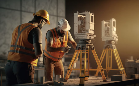 Engineer and Architect working with theodolite at construction siteの素材