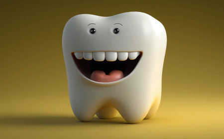 Tooth character with happy expression on yellow background. 3d illustrationの素材