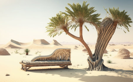 3D rendering of a desert with palm trees and a bench.の素材